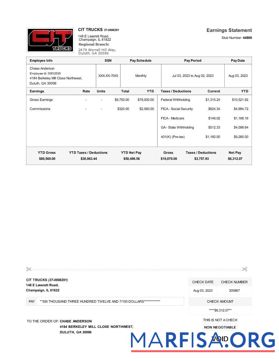 Realistic CIT Trucks earnings statement template